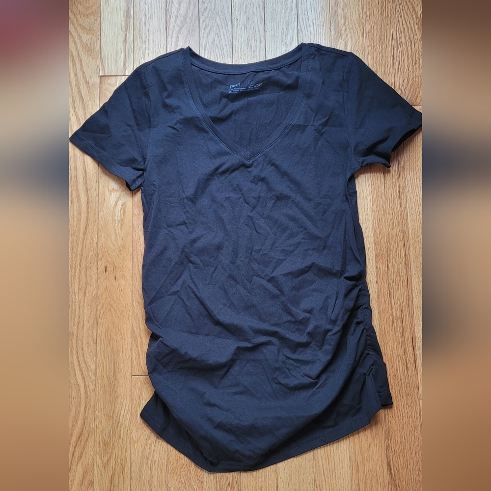 Pact Maternity Black V-Neck Short Sleeve Ruched Tee, Size Small